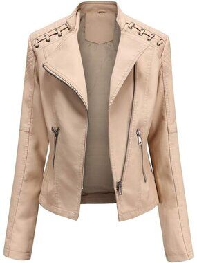 Women's Khaki Faux Leather Jacket Women Bomber Jacket Belted Motorcycle Jackets